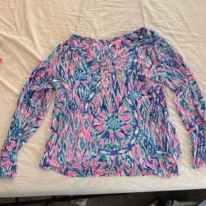Lilly Pulitzer Pink & Blue Printed V-Neck Long Sleeve Top
